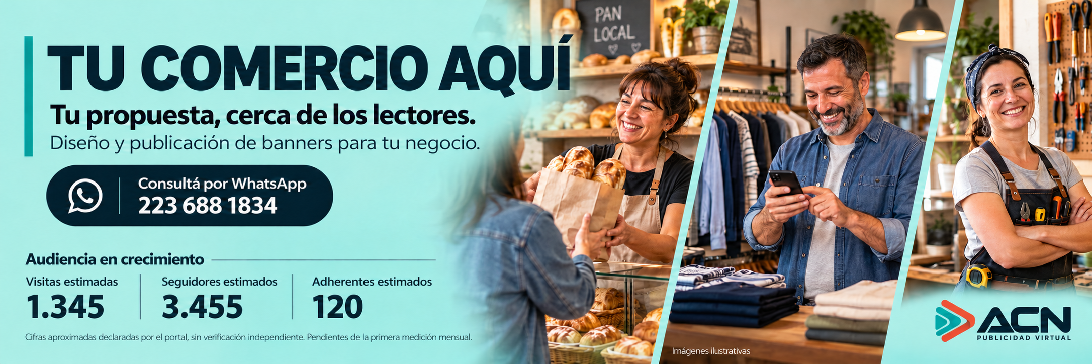 TU COMERCIO AQUÍ. Diseño y publicación de banners. WhatsApp 223 688 1834. ACN Publicidad Virtual.